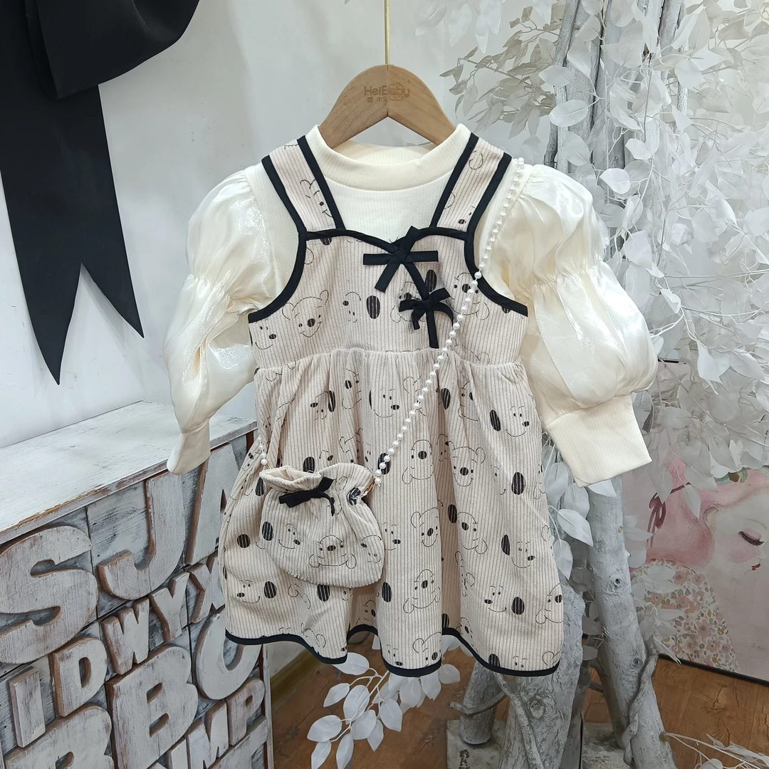 R119杏色带包包两件套连衣裙童装