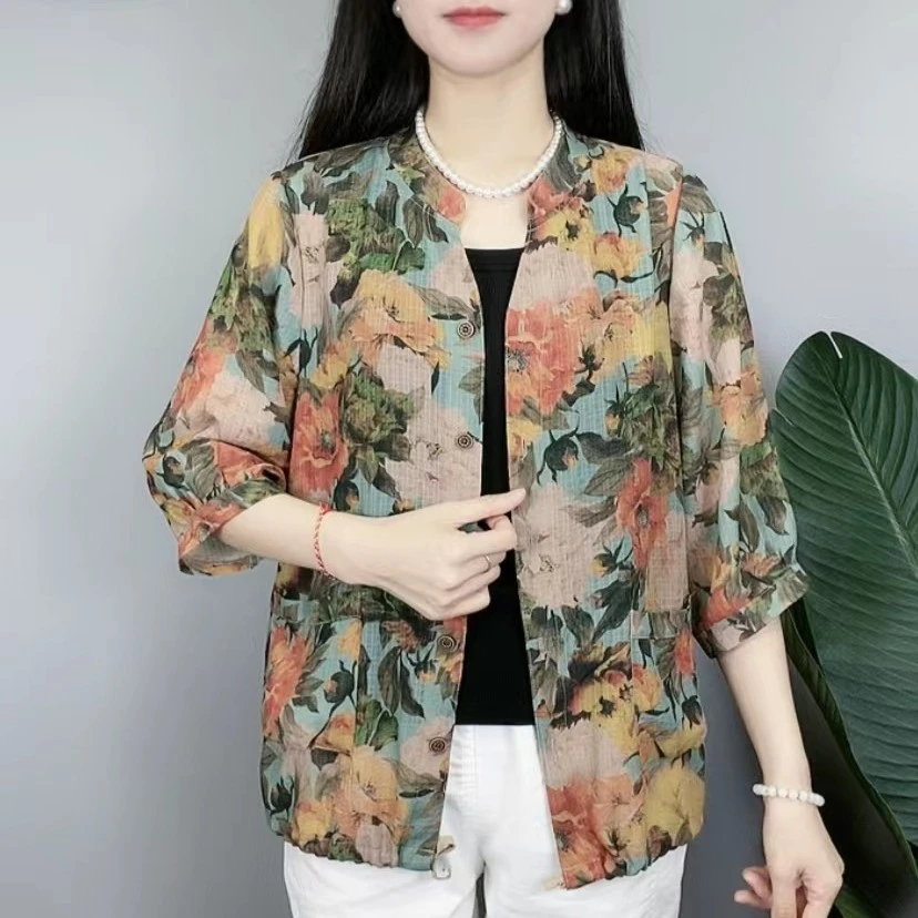 2024中老年夏季薄款时尚百搭开衫外套宽松印花显瘦短款透气妈妈装