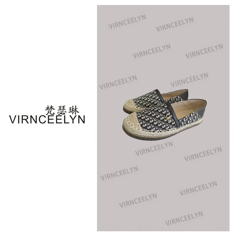 草编拼接百搭印花小香风渔夫鞋2025新款夏季一脚蹬时尚休闲鞋