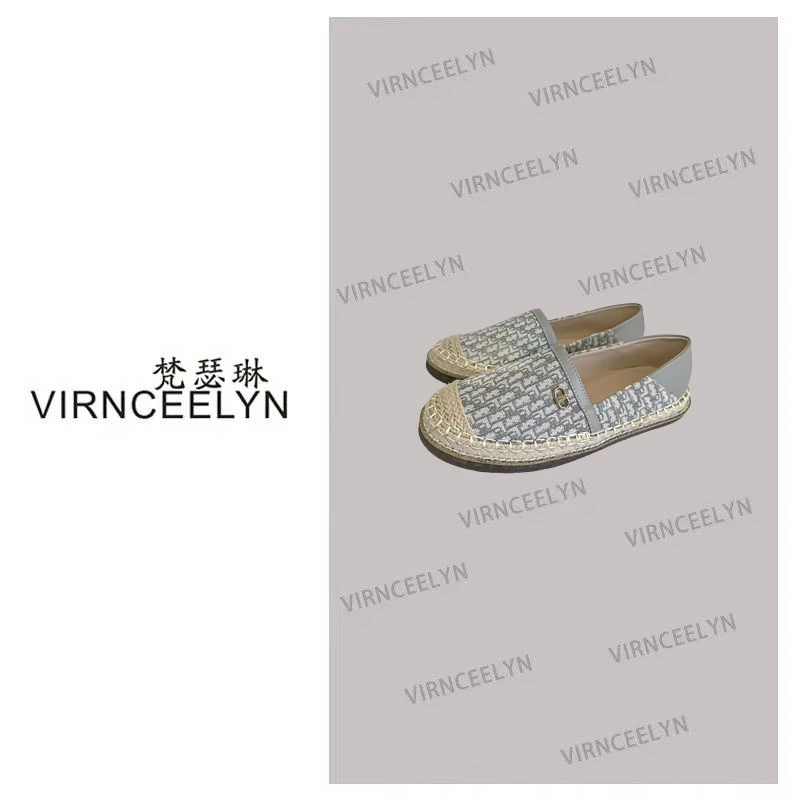 草编拼接印花小香风渔夫鞋2025新款一脚蹬时尚休闲鞋