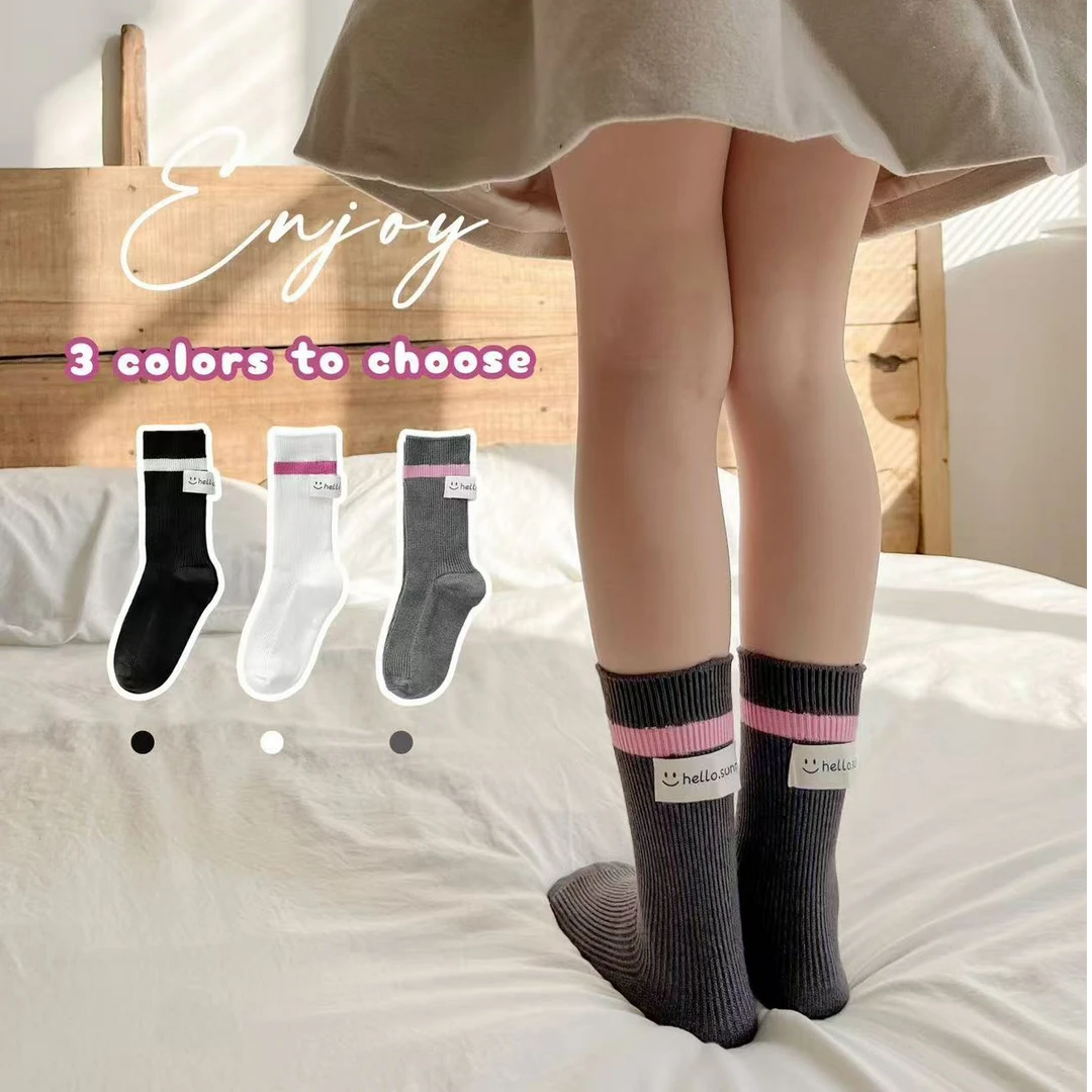 儿童袜子韩版男女童秋冬保暖袜子条纹布标运动袜宝宝双针加绒棉袜