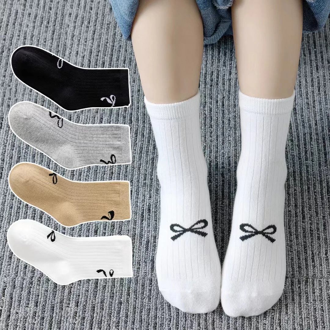 蝴蝶结袜子女中筒棉袜秋季款可爱miu系堆堆袜芭蕾风百搭学生潮袜