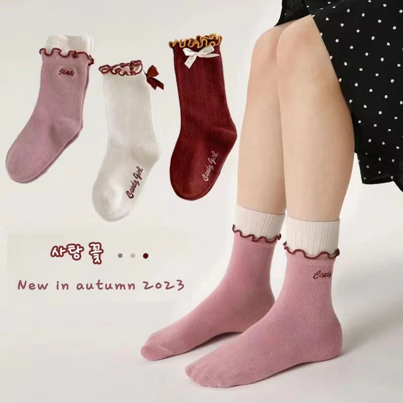 女童袜子春秋女孩蝴蝶结中筒袜韩版ins棉袜洋气木耳边公主袜保暖