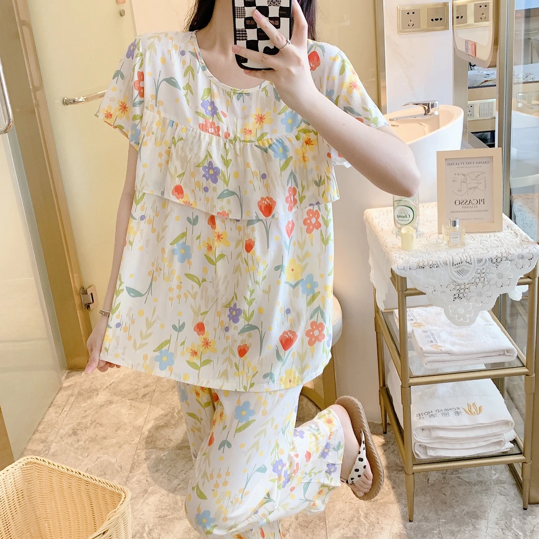 【防凸点套装】绵绸睡衣女春夏季薄款大码防漏光荷叶边套装家居服