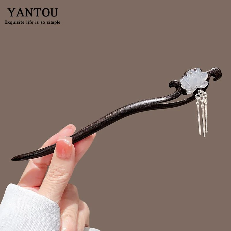 新中式淡雅莲花流苏黑木发簪国风发钗后脑勺盘发簪子马面裙头饰