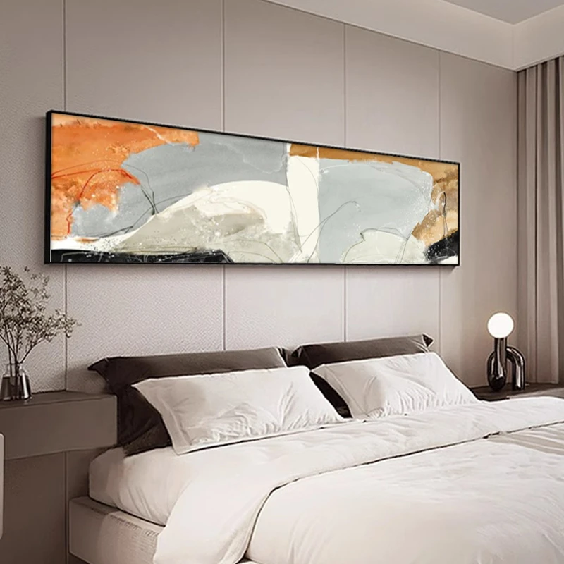 莫兰迪橙色卧室房间装饰璧画床头横幅挂画现代简约轻奢抽象高级感