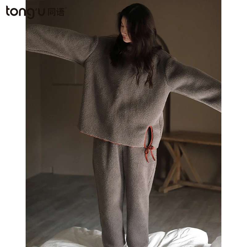 同语睡衣女秋冬季珊瑚绒保暖加绒加厚家居服韩版宽松可外穿两件套
