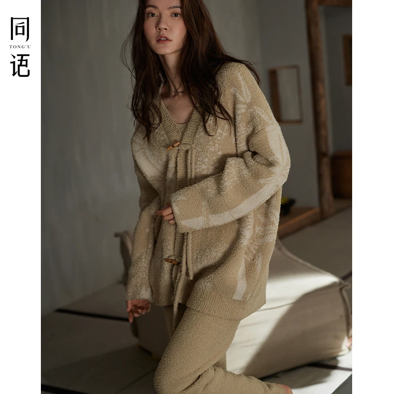 同语24年睡衣女款秋冬季半边绒加厚新款家居服秋冬天女士长袖套装