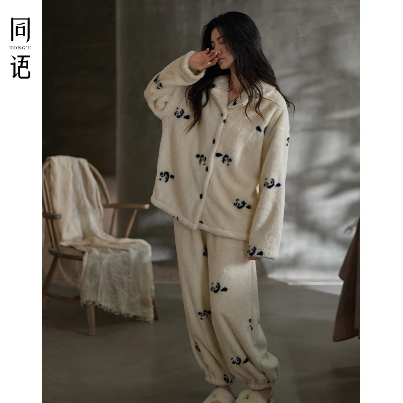 同语睡衣女秋冬季珊瑚绒加绒抗静电套装可爱可外穿加厚家居服冬天