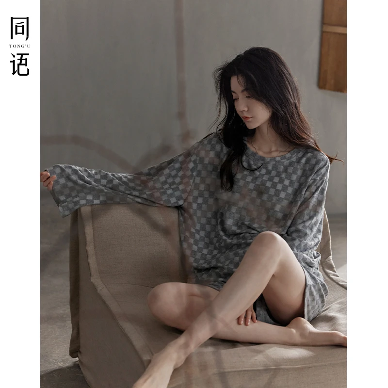 同语2023春夏季新款睡衣女针织棉提花长袖短裤家居服女士夏天套装