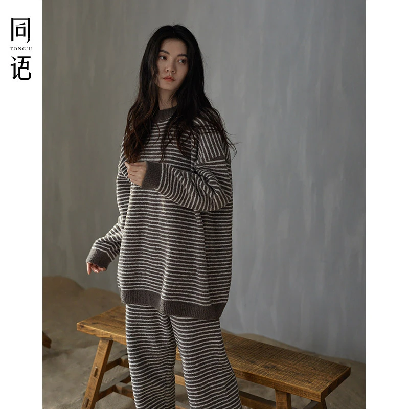 同语24年睡衣女款秋冬季半边绒条纹长袖套装女士珊瑚绒加厚家居服