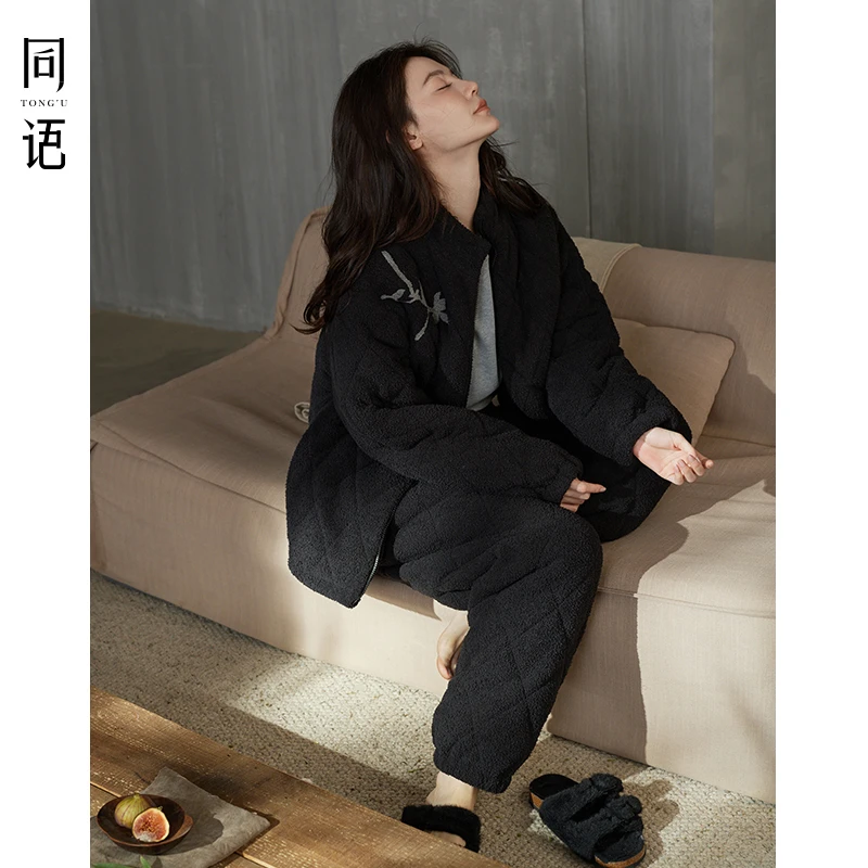 同语珊瑚绒睡衣女冬季三层夹棉加厚加绒款套装女士保暖时尚家居服