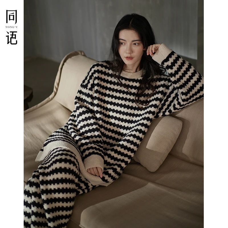 同语双11好物睡衣女士冬季半边绒条纹家居服可外穿秋冬天新款套装