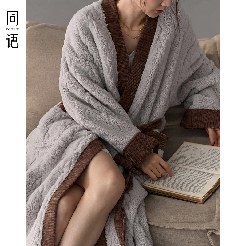 同语24年睡袍女秋冬季珊瑚绒长袖中长款浴袍女款晨袍法兰绒家居服