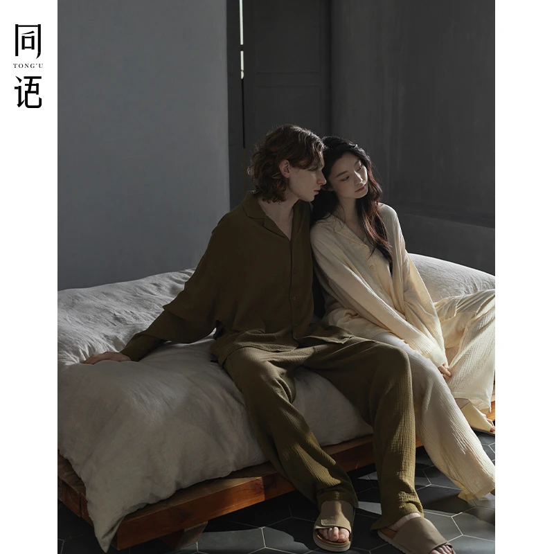 同语情侣睡衣春秋季梭织纯棉纱布套装男女士休闲可外穿长袖家居服