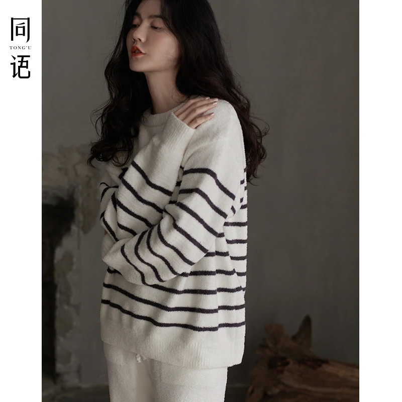 同语半边绒睡衣女冬季加厚款条纹珊瑚绒加绒可外穿女士家居服秋冬