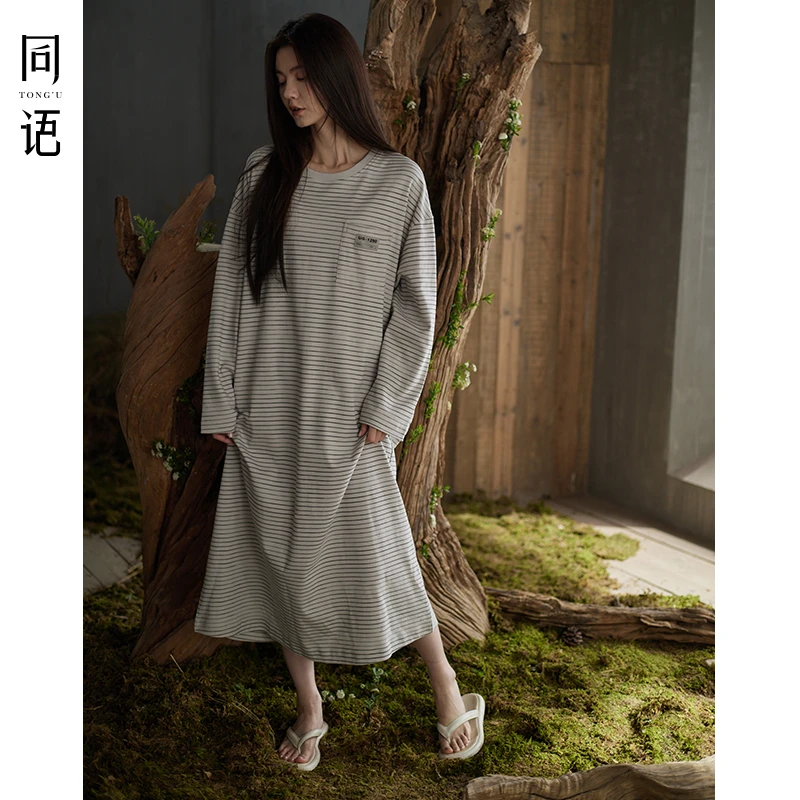同语春秋季新款睡裙女柔软棉长袖睡衣女士时尚可外穿宽松家居服