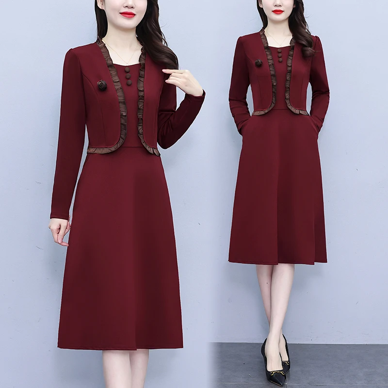 1971#高档妈妈小香风中长款气质假两件女装连衣裙显瘦裙子