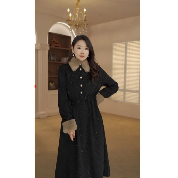 8116优雅高端长袖中长款连衣裙秋冬季新款黑色复古时尚法式收腰款
