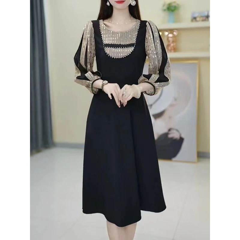 435#法式黑色连衣裙子女新款中长遮肚洋气拼接a字裙子