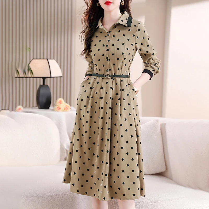 6821秋冬季新款时尚波点气质减龄长袖优雅显瘦遮肉中长款裙子