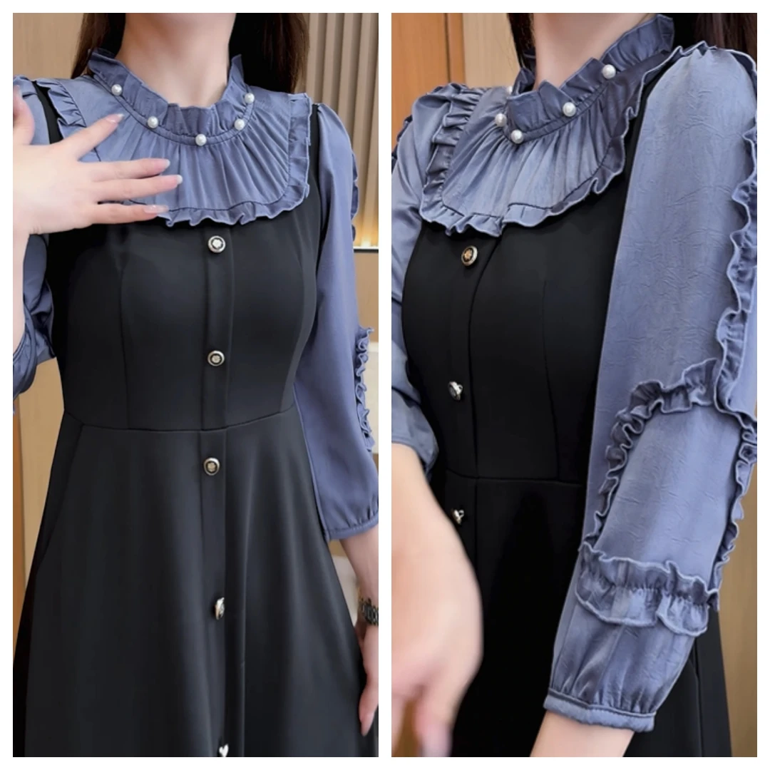 高级女装连衣裙秋季新款假两件套气质洋气时尚拼接显瘦裙子遮肚子