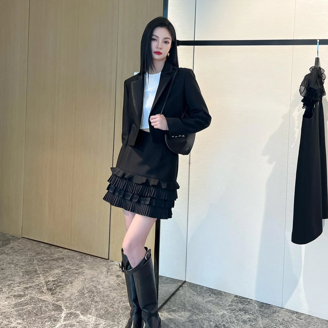 NancyCavally专柜款高定46MM双面丝毛料奢美珠光感西装/短裙套装