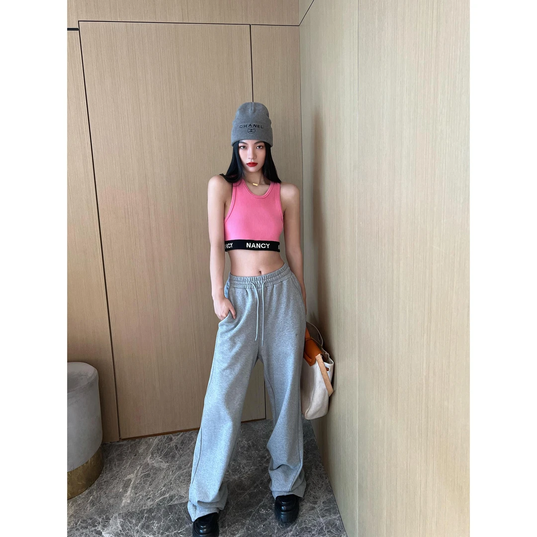 NancyCavally Logo字母撞色内搭针织吊带 休闲运动露脐短背心女