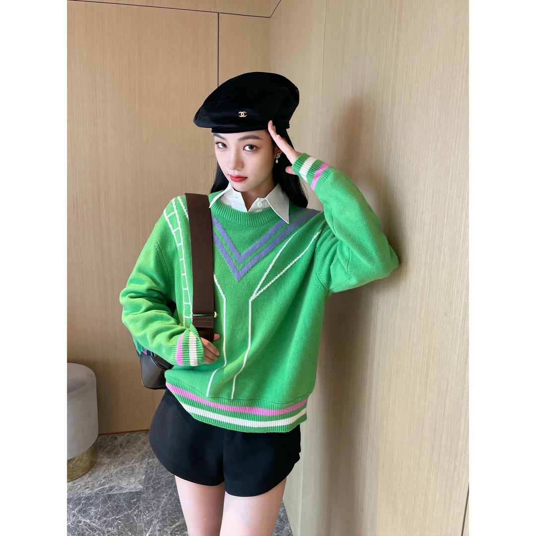 NancyCavally 手工勾线整件提花撞色V领学院风减龄百搭套头毛衣