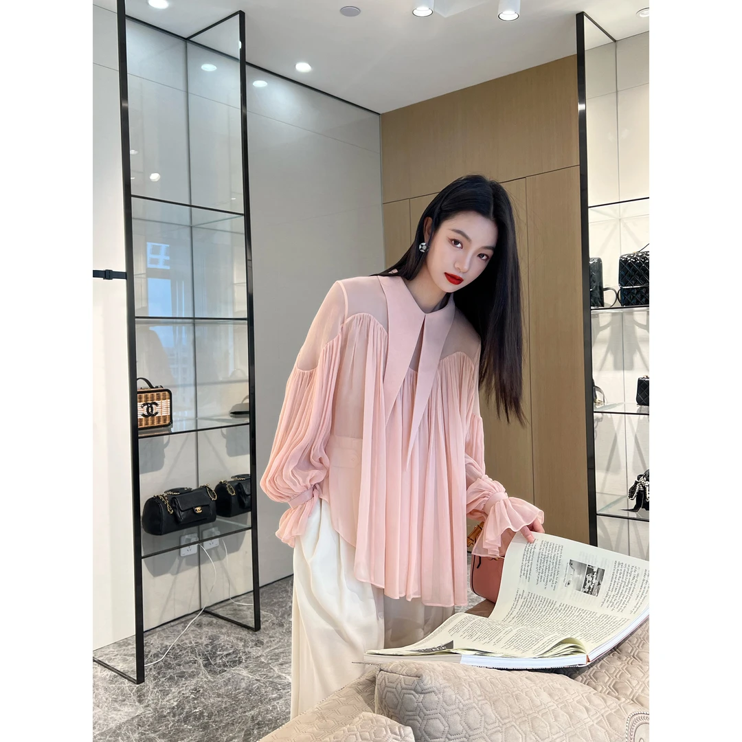 NancyCavally 6A级强捻真丝顺纡绉 仙气萦绕空气感尖领廓形衬衫女