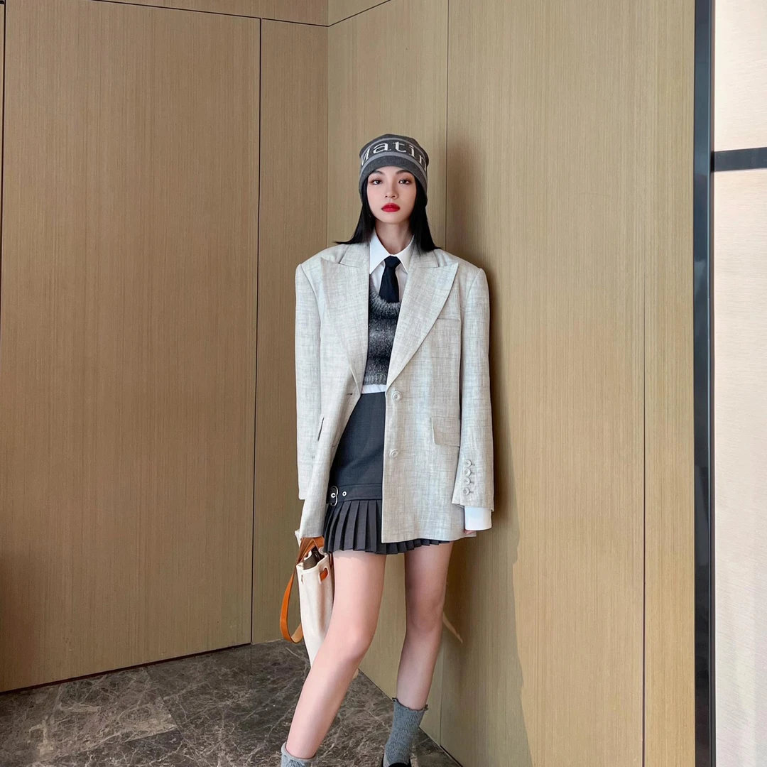 NancyCavally 静溢银灰 天然100荃亚麻 OldMoney老钱风廓形西装女