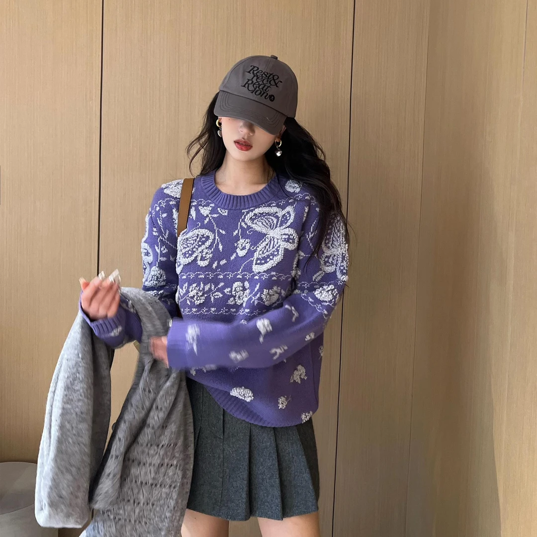 NancyCavally 专柜款蓬松云柔舒适氛围感蝴蝶立体提花针织毛衣女