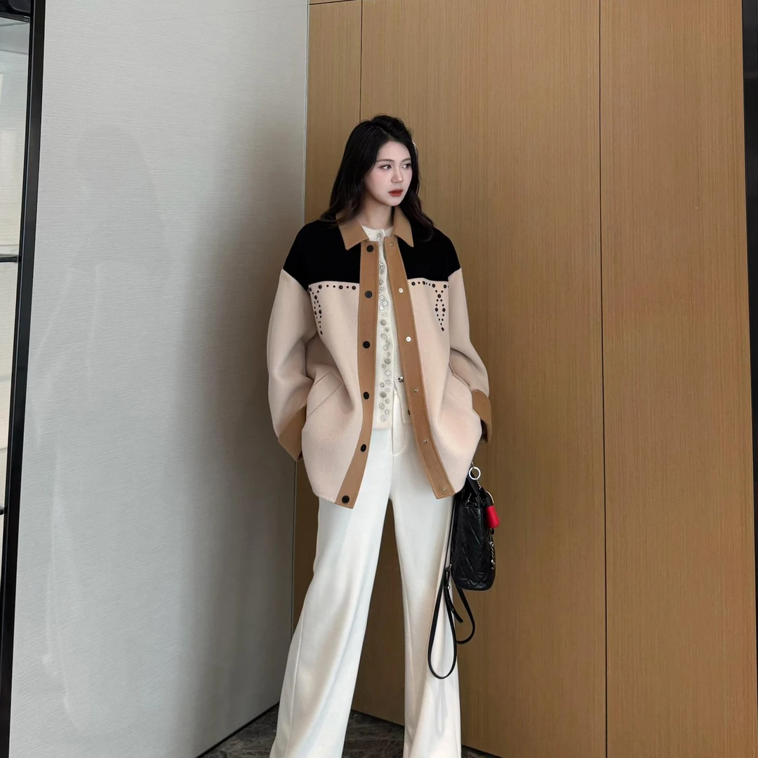 NancyCavally专柜款黄金比例羊绒/羊毛 拼色廓形双面呢衬衫式外套