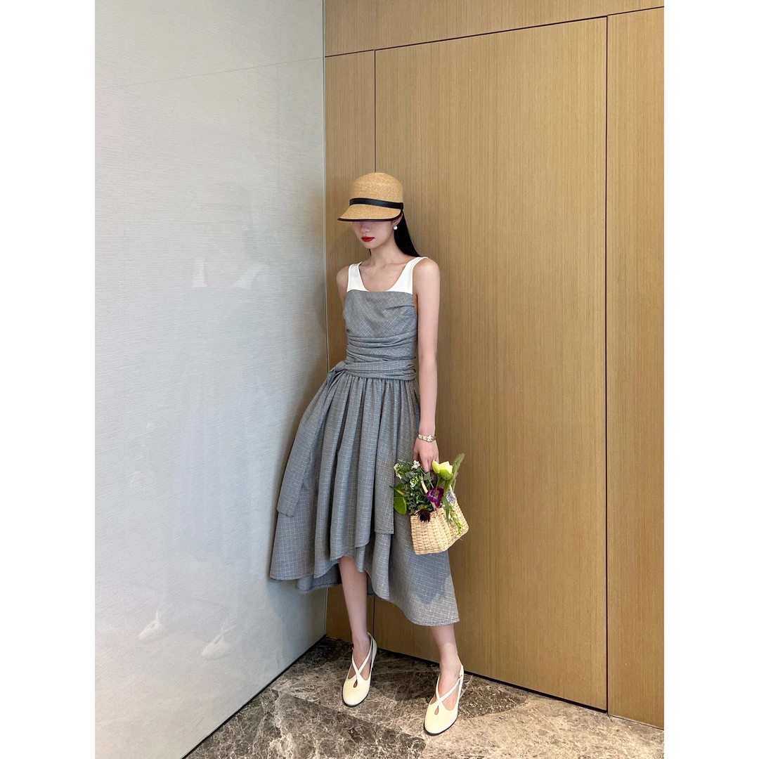 NancyCavally进口二醋酸 灵动捏褶揽纤腰细闪蓝钻不规则连衣裙女