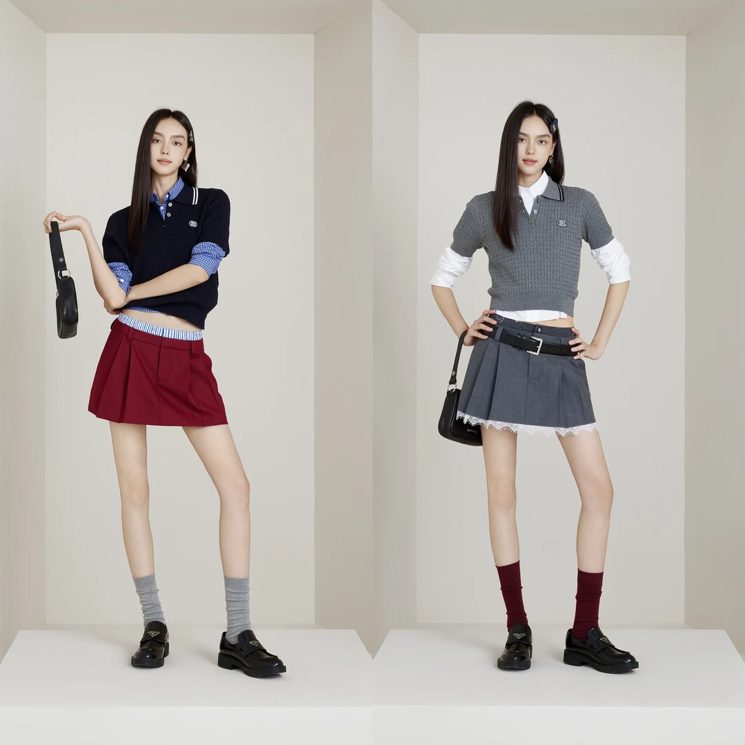 NancyCavally 专柜款甄选精纺羊毛 俏皮层次感撞色双腰头压褶短裙