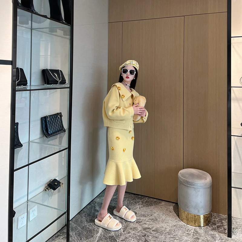 NancyCavally 可拆卸花朵时尚双面呢秋冬时尚外套半身裙套装女