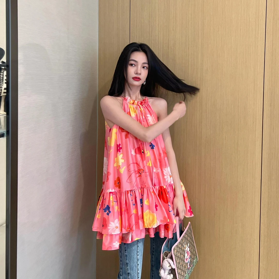 NancyCavally专柜款轻薄醋酸混纺绚丽浪漫花朵满印A字挂脖连衣裙