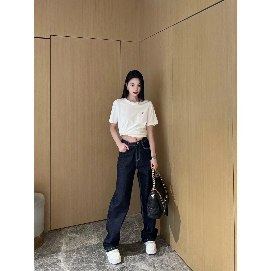 NancyCavally专柜款神裤苾备 巨遮肉显腿长时尚复古直筒牛仔长裤