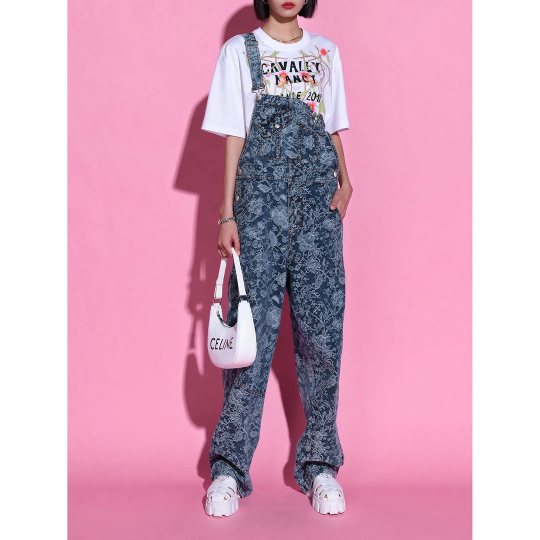 NancyCavally 设计感定制提花面料 复古风阔腿时尚显瘦背带牛仔裤