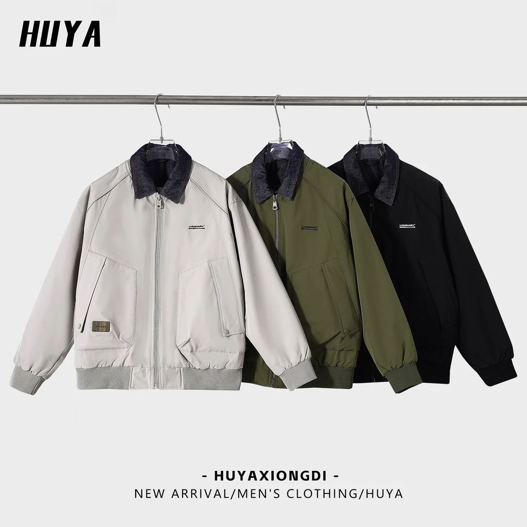 BIG林冬季美式复古牛仔拼接假两件翻领纯色百搭保暖情侣棉服M6621