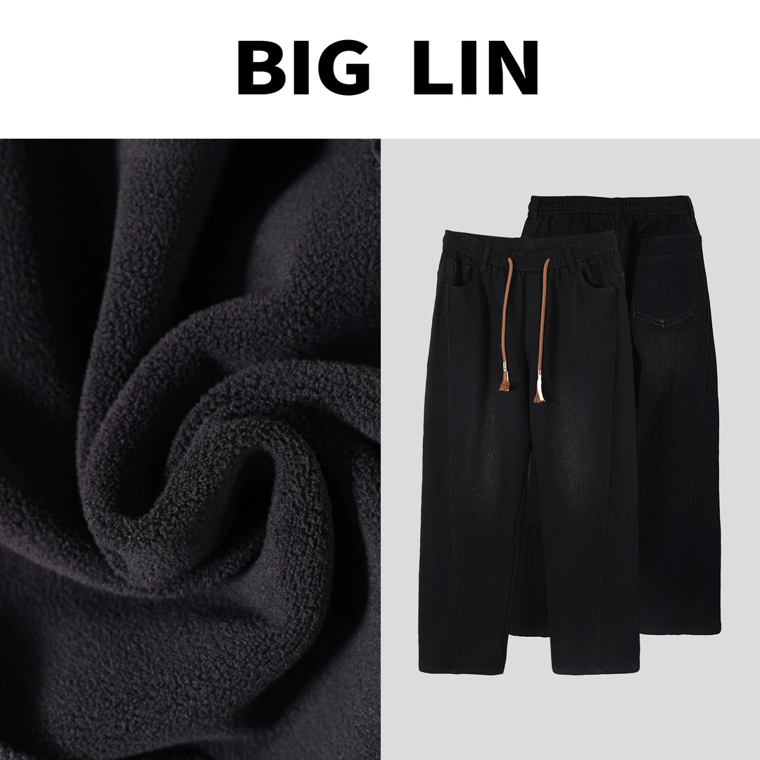 BIG林 冬季上新加绒复古洗水黑牛直筒立裁弯刀做旧百搭牛仔裤9652