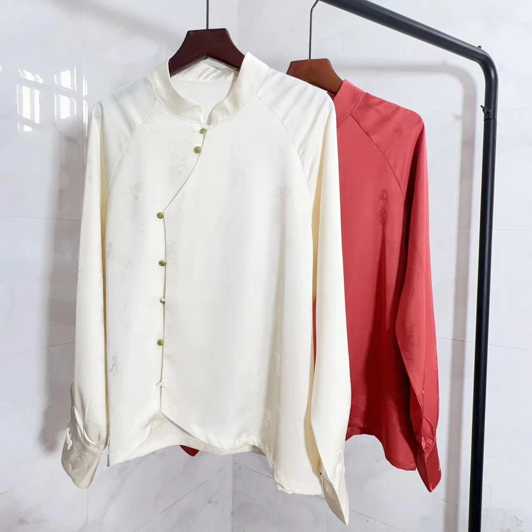 647 新中式国风提花衬衫女春季新款立领斜襟盘扣长袖上衣