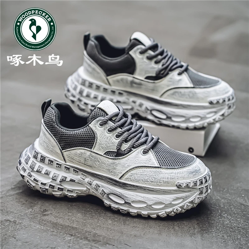 啄木鸟男鞋新款透气休闲网面鞋子男款潮流百搭厚底增高轮胎老爹鞋