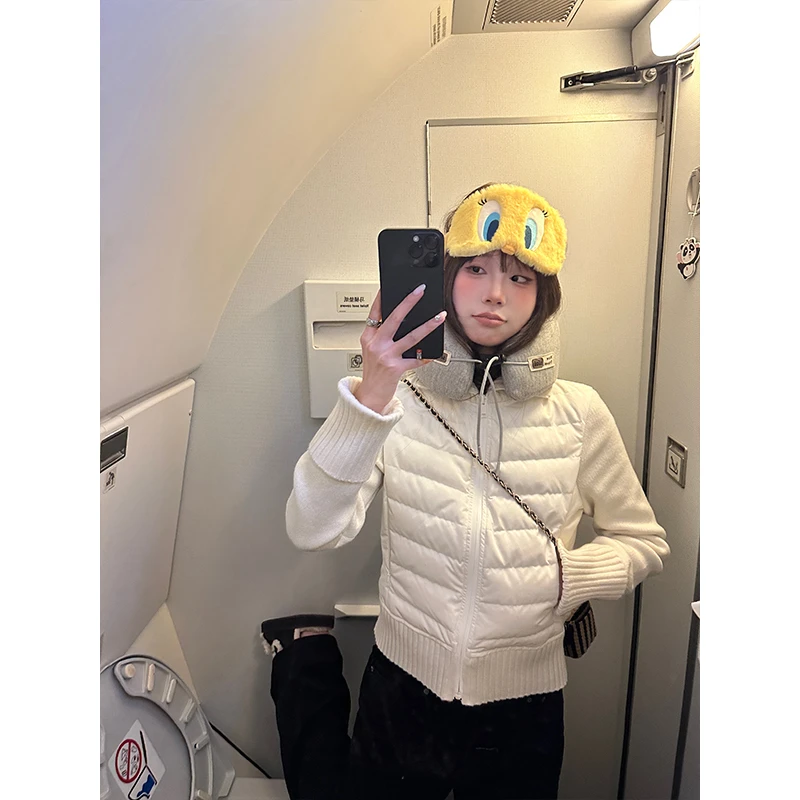 D YANGJUN【年中福利】针织拼接高领设计感白色夹棉短款外套上衣