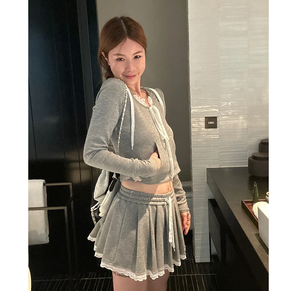 D YANGJUN 【年中福利】赵美延同款辣妹灰色套装女长袖百褶裙两件套