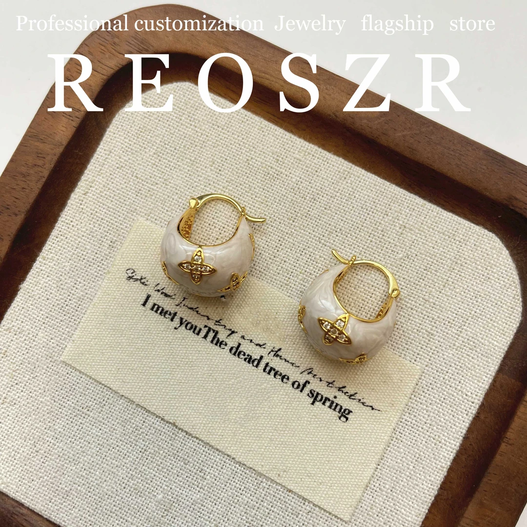 Reoszr/洛恣 铜合金耳饰 【印塔】原创设计白色法式画油钻耳扣耳环