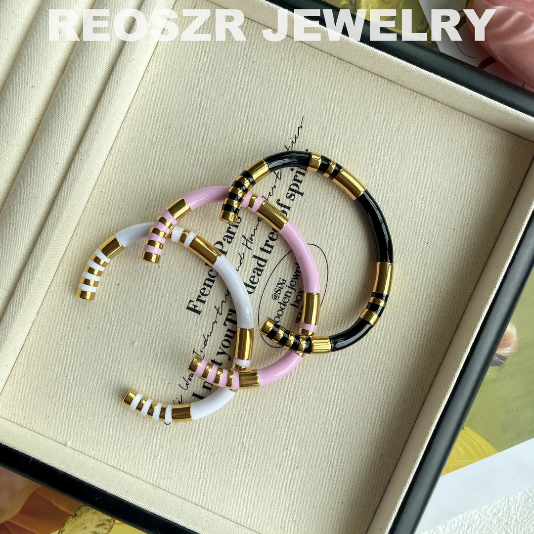 Reoszr/洛恣 钛钢手镯 【埃索】珐琅彩黑白粉撞色小众时尚滴釉手镯