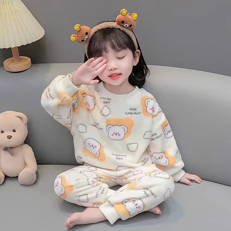 秋冬男女童法莱绒家居长袖裤子套装