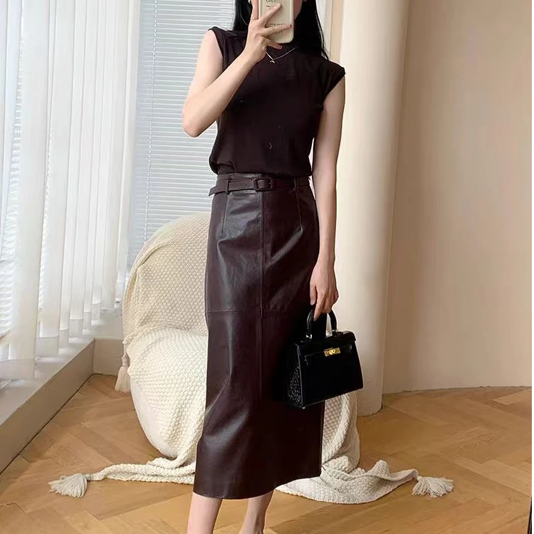 欧货油蜡绵羊皮真皮皮裙女植鞣皮新款百搭开叉一步包臀中长半身裙