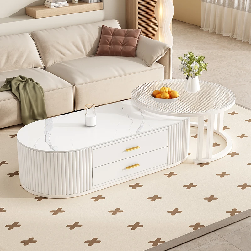 华艺古彭椭圆双抽茶几轻奢客厅家用简约储物北欧圆形简约风可伸缩